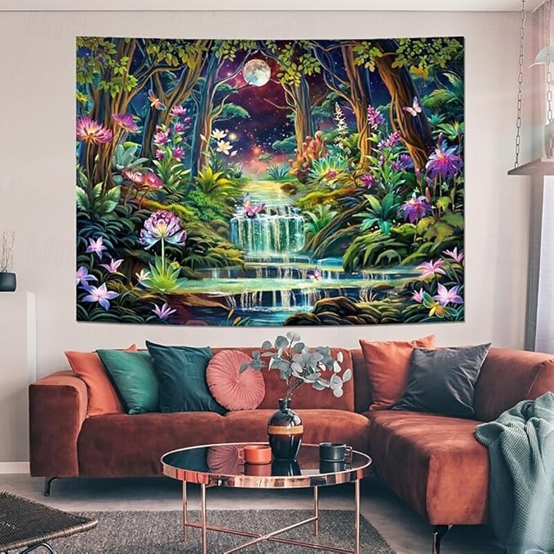 Blacklight Tapestry Glow in the Dark Glow Party UV Reactive Fantasy Forest Trippy Misty Nature Landscape Hanging Tapestry Wall Art Mural for Living Room Bedroom4