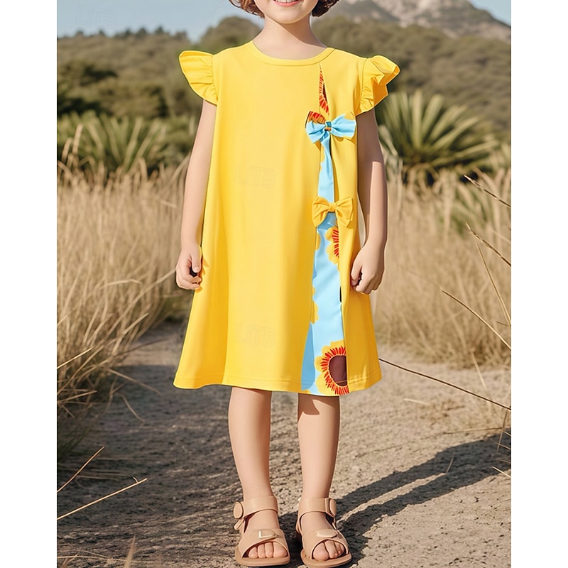 Kids Girls' Dress Color Block Sleeveless Outdoor Patchwork Adorable Basic Cotton Knee-length Casual Dress Summer 4 years+ Yellow