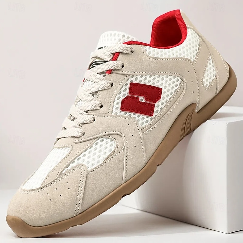 Men's Beige and Red Running Sneakers with Ventilated Upper and Durable Sole - Performance-oriented, Trendy, Perfect for Fitness and Casual Outings