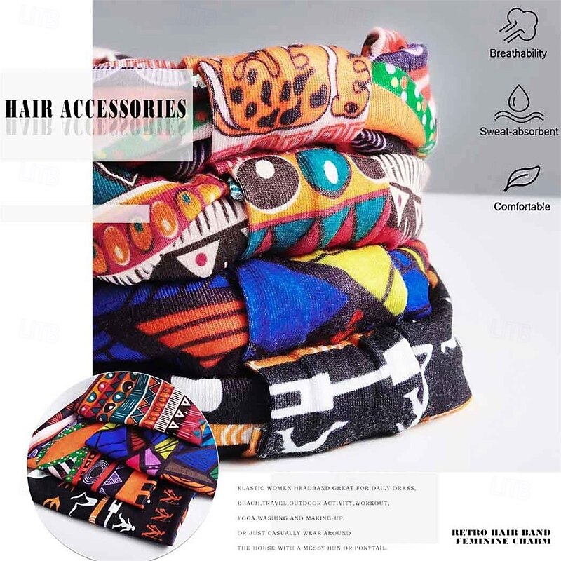 African Headbands Boho Knotted Hairbands Stretch Wide Head Wraps Elastic Yoga Turban Hair Scarfs Workout Printed Hair Accessories for Women Pack of 43
