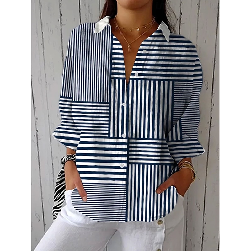 Women's Shirt Button Down Tunic Shirt Collar Long Sleeve Graphic Geometric Striped Daily Stylish Modern Regular Tops Work Daily s Print White Pink Navy Blue Spring3