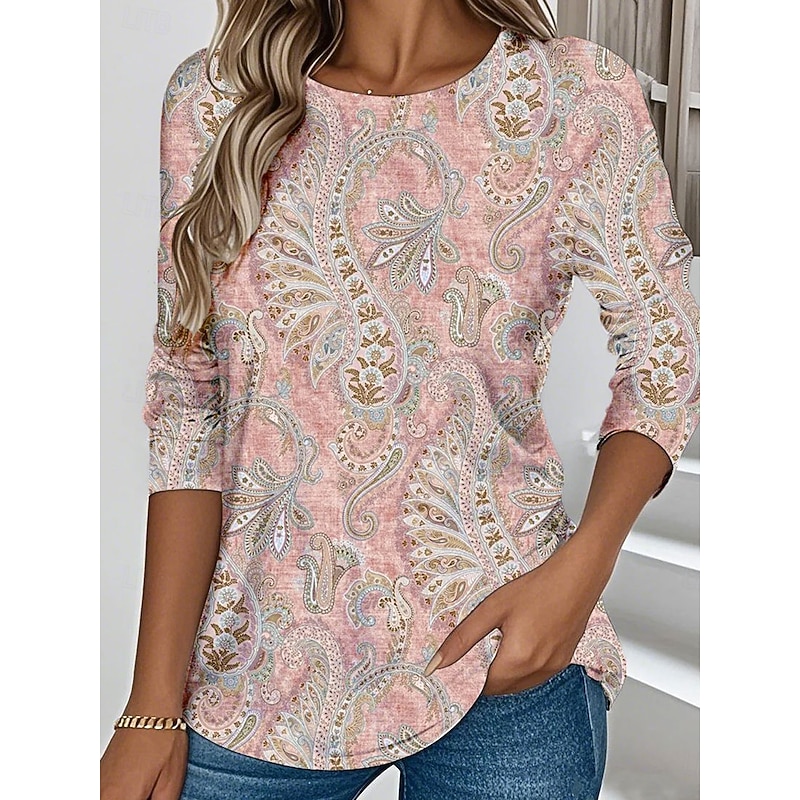 Women's T shirt Long Sleeve Crew Neck Long Sleeve Tunic Floral Graphic Paisley Vintage Stylish Classic Regular Tops Daily Weekend Print Pink Blue Purple  Prefall2