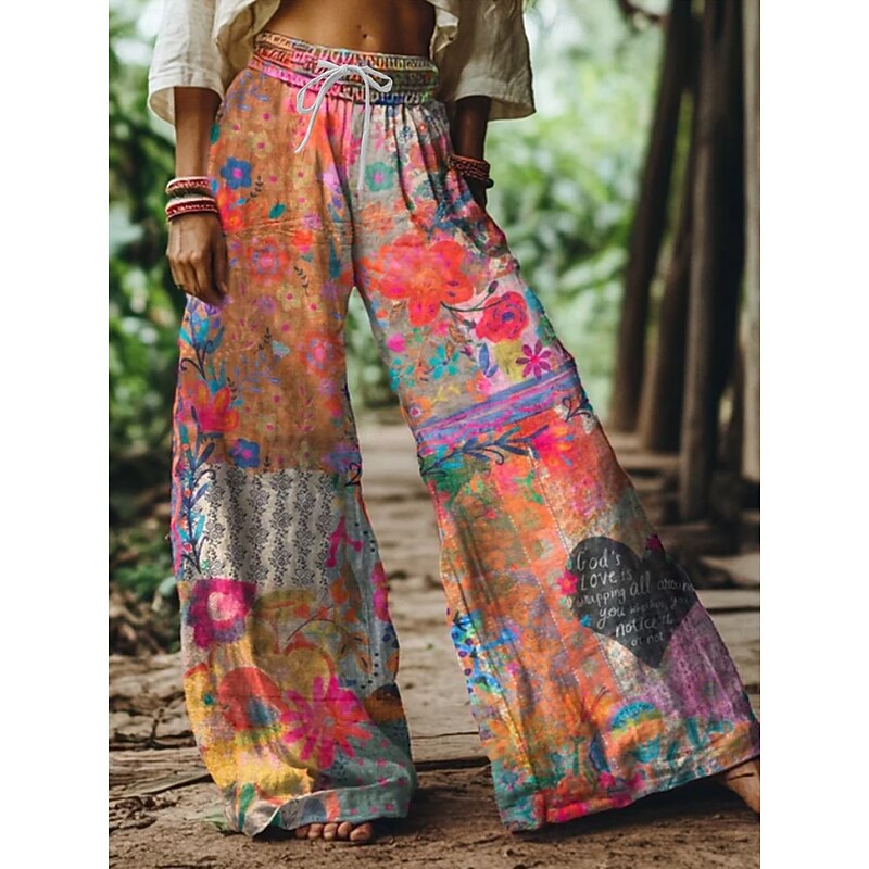 Women's Wide Leg Chinos Baggy Pants Vacation Vintage Ethnic Style Full Length High Waist Floral Graphic Printing Thermal Warm Soft Breathable Micro-elastic Vacation Street Causal claret Deep Green2