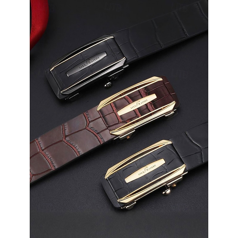 Men's Genuine Leather Ratchet Dress Belt with Automatic Buckle - Classic Crocodile Pattern, Elegant Style, Suitable for Weddings, Business and Formal Occasions3