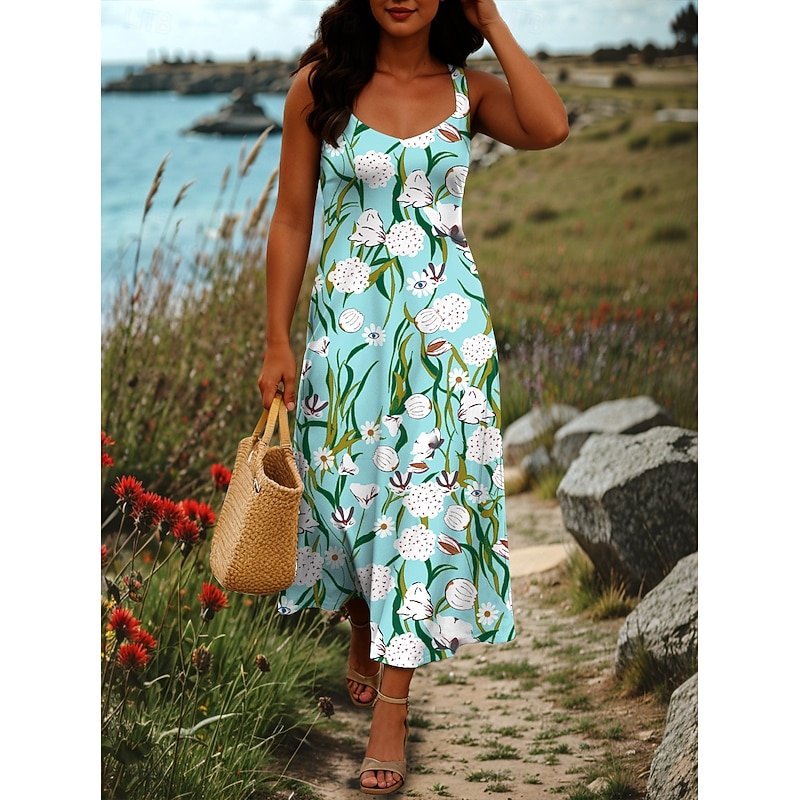 Women's Maxi Dress A Line Dress Off The Shoulder Dress Vacation Casual Beach Party Beach Regular Fit Floral Graphic Sleeveless Square Neck Pink Blue Green Khaki Summer Spring