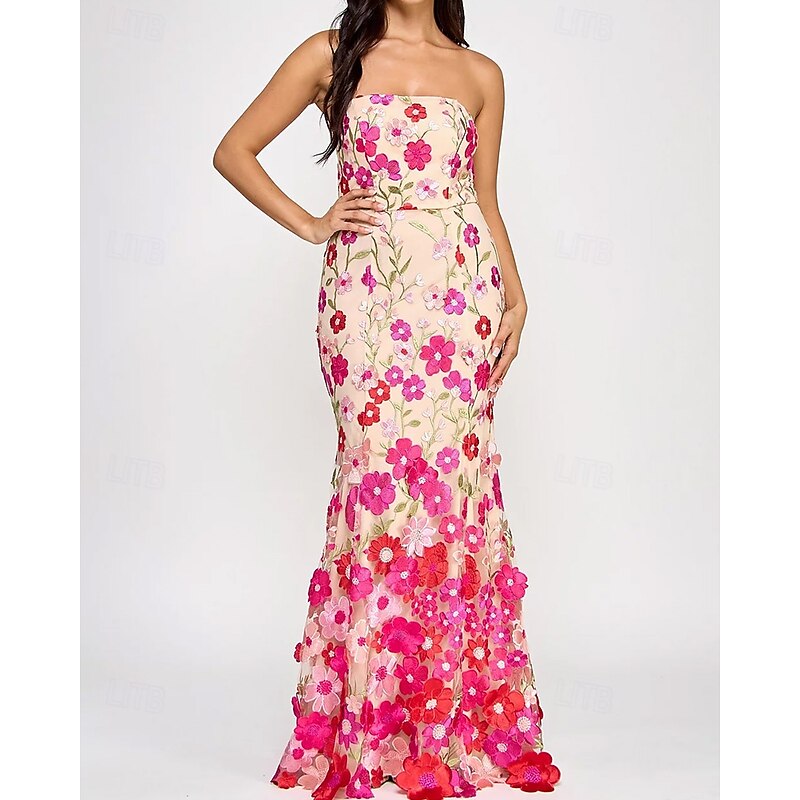 Mermaid / Trumpet Mother of the Bride Evening Gown Elegant Dress with Stretch Crepe Jacket Semi Formal Wedding Floor Length Sleeveless Strapless Floral Embroidery Lace2