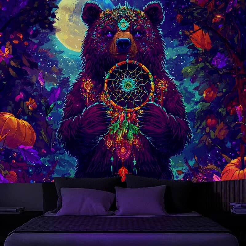 Boho Blacklight Tapestry Glow in the Dark Glow Party UV Reactive Dreamcatcher Trippy Misty Animal Bear Hanging Tapestry Wall Art Mural for Living Room Bedroom3
