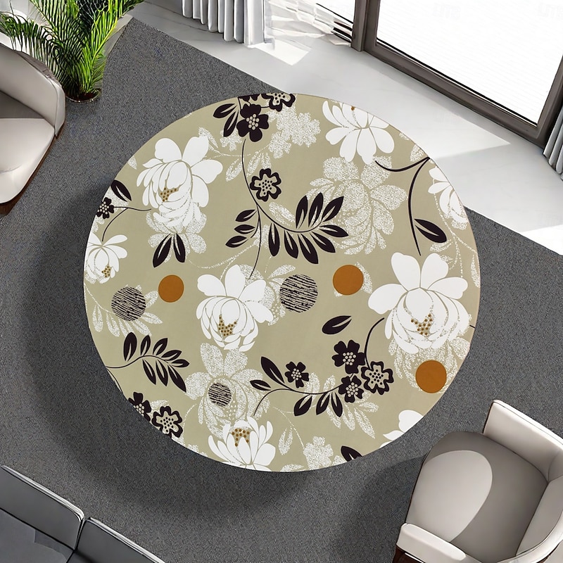 Round Vinyl Fitted Tablecloth with Flannel Backing Elastic Edge Design Table Cover Waterproof Oil-Proof PVC Table Cloth Stain-Resistant Wipeable for Round Table3