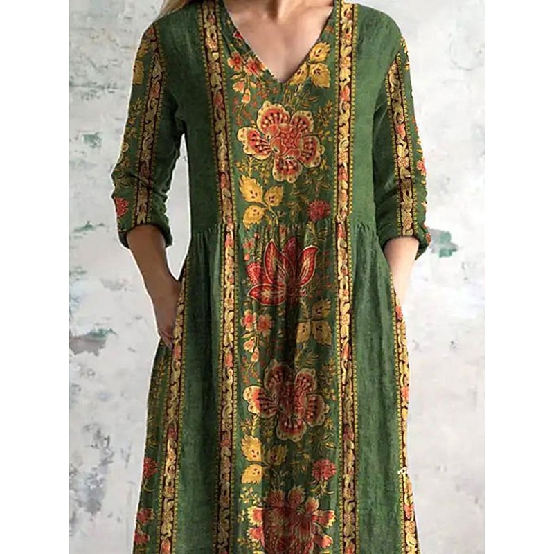 Women's Midi Dress Sundress A Line Dress Vacation Casual Boho Going out Beach Floral Graphic 3/4 Length Sleeve V Neck Green Summer Spring2