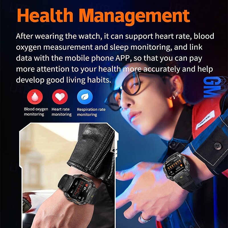 Imosi Smartwatch Outdoor Military Watch with LED Flashlight, Bluetooth Call, 1.75" HD Screen, 30M Waterproof, 100+ Sport Modes, 480mAh Battery, Message Reminder for Men and Women2