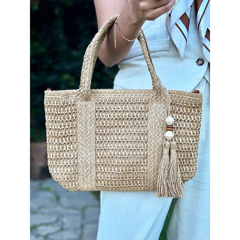Women's Bohemian Woven Tote Bag with Tassels and Wooden Beads - Comes with an adjustable shoulder strap, can be worn on one shoulder or crossbody, suitable for casual beach, vacation and outdoor use2