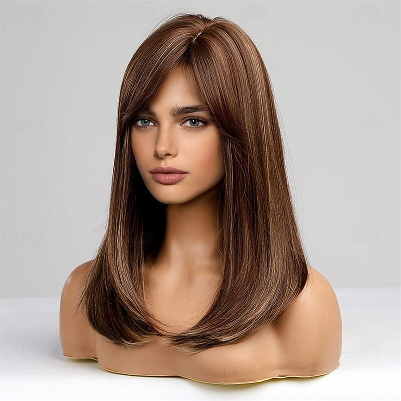 Long Mixed Brown Wigs for Women Layered Synthetic Hair Wig with Partial Fringe4