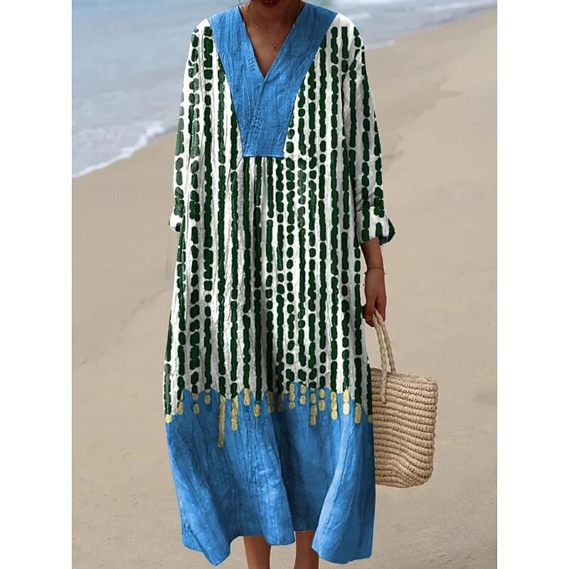 Women's Midi Dress V Neck Long Sleeve Kaftan Lightweight Loose Fit A Line Dress Casual Boho Going out Loose Fit Graphic Long Sleeve V Neck Black Blue Orange Khaki3