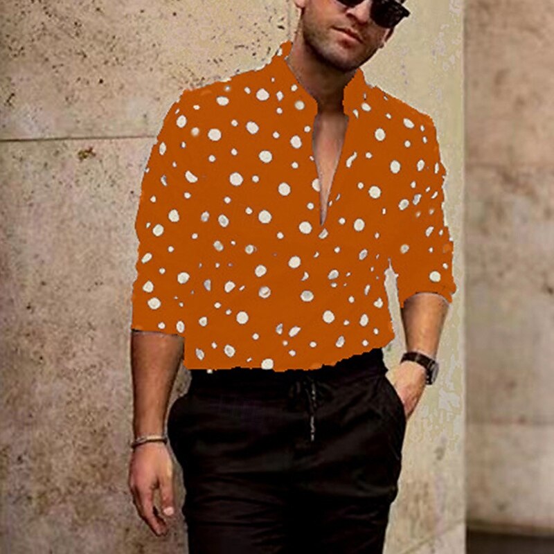 Men's Shirt Summer Shirt Casual Shirt Beach Shirt Button Up Shirt Black Navy Blue Orange Green Long Sleeve Polka Dot Band Collar Vacation Hawaiian Print Clothing Apparel Polyester Fashion Casual2