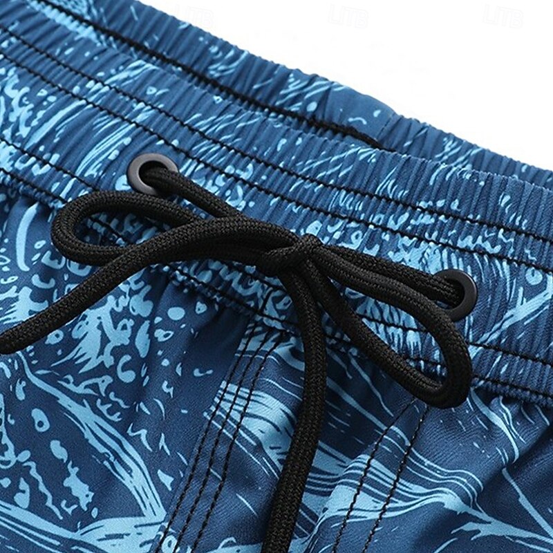 Men's Shorts Beach Shorts Drawstring Ocean Abstract Abstract Art Quick Dry Outdoor Knee Length Outdoor Vacation Home Vacation Ethnic Style Lake blue Navy Blue Stretchy4