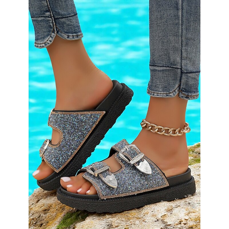 Women's Buckle Platform Slide Sandals – Sparkly Open-Toe Slip-On Shoes with Rhinestone Accents for Casual & Party Wear3