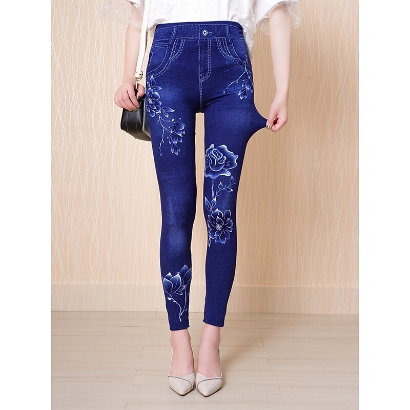 Women's Leggings Trousers 3D Print Chinos Vacation Vintage Streetwear Full Length High Waist Floral Printing Comfy Soft Comfortable Stretchy Outdoor Street Blue Summer Slim Fit