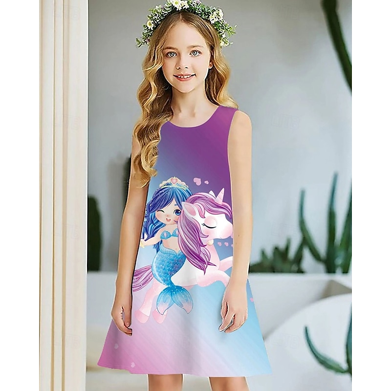 Girls' 3D Mermaid Dress Sleeveless Summer Spring Vacation Daily Holiday Princess Beautiful Sweet Kids 4-12 Years Casual Dress A Line Dress Knee-length Regular Fit