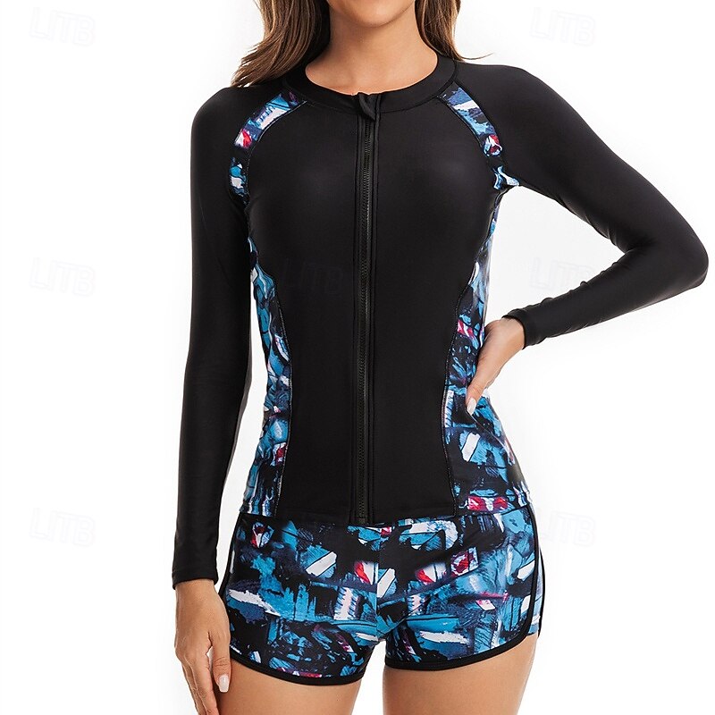 Women's Rash guard Swimsuit UV Sun Protection UPF50+ Long Sleeve Swimwear Bathing Suit Front Zip Swimming Surfing Beach Water Sports Printed Summer Spring3