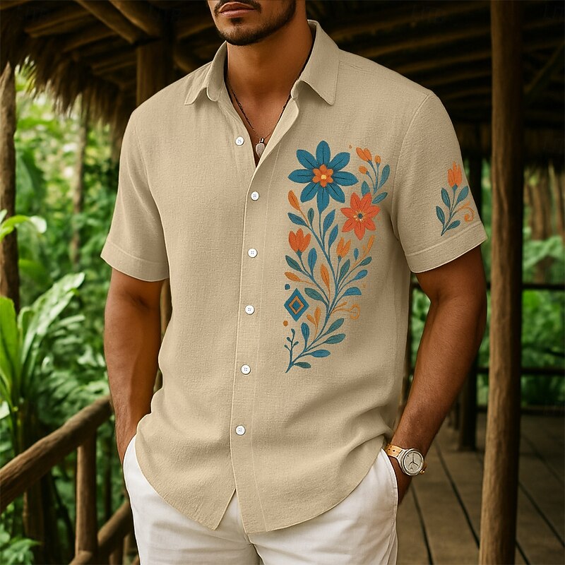 Men's Shirt Linen Shirt Summer Shirt Beach Wear Button Up Shirt Floral Vacation Curise Pink Navy Blue Green Khaki Short Sleeve Collar Summer Spring & Summer Clothing Apparel