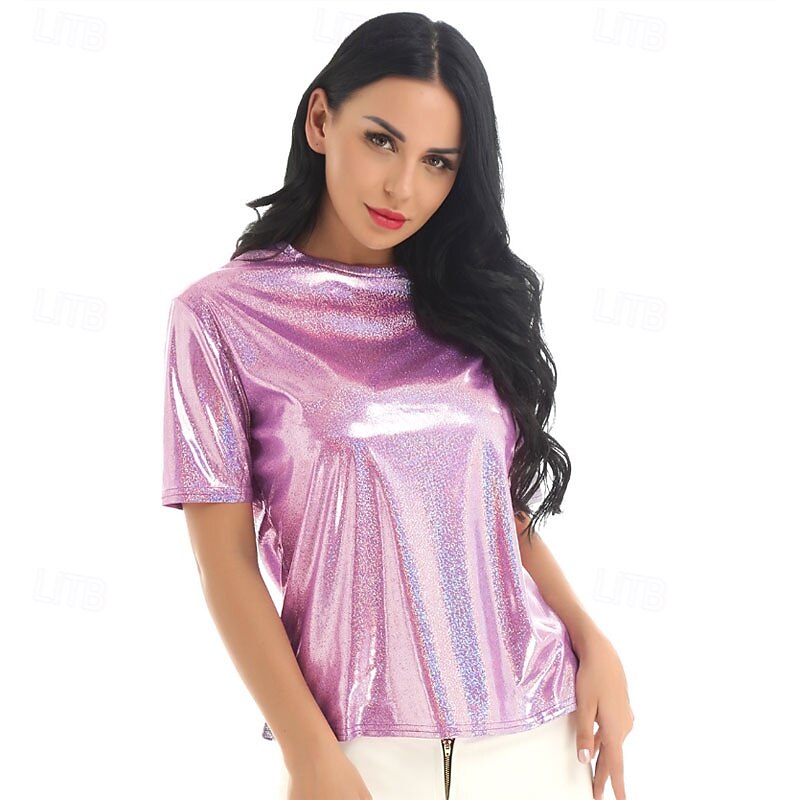 Retro Vintage 1980s Rave T-shirt Disco Shiny Latex Patent Metallic Fancy Dress Women's Pride Halloween Carnival Music Festival Pride Parade Pride Month Adults T-shirt Summer3