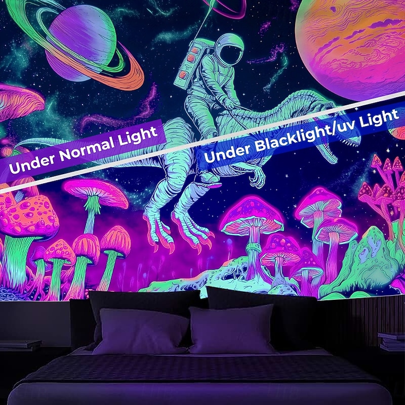 Blacklight Tapestry Glow in the Dark Glow Party UV Reactive Astronaut Dinasour Trippy Misty Nature Landscape Hanging Tapestry Wall Art Mural for Living Room Bedroom2