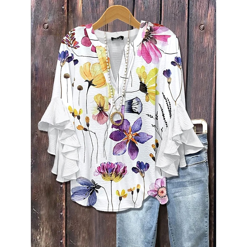 Women's Blouse V Neck Ombre Floral Graphic Elegant Bohemia Ethnic 3/4 Length Sleeve Regular Tops Daily Holiday Vacation Wear Ruffle Print White Yellow Light Green Purple Rose Pink Summer Spring Fall