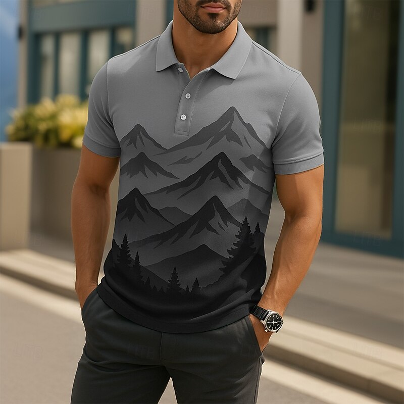 Men's Mountain Polo Short Sleeve Polo Shirts Collared Shirts Casual School Outdoor Daily Wear 3D Print Summer Purple Green Gray2