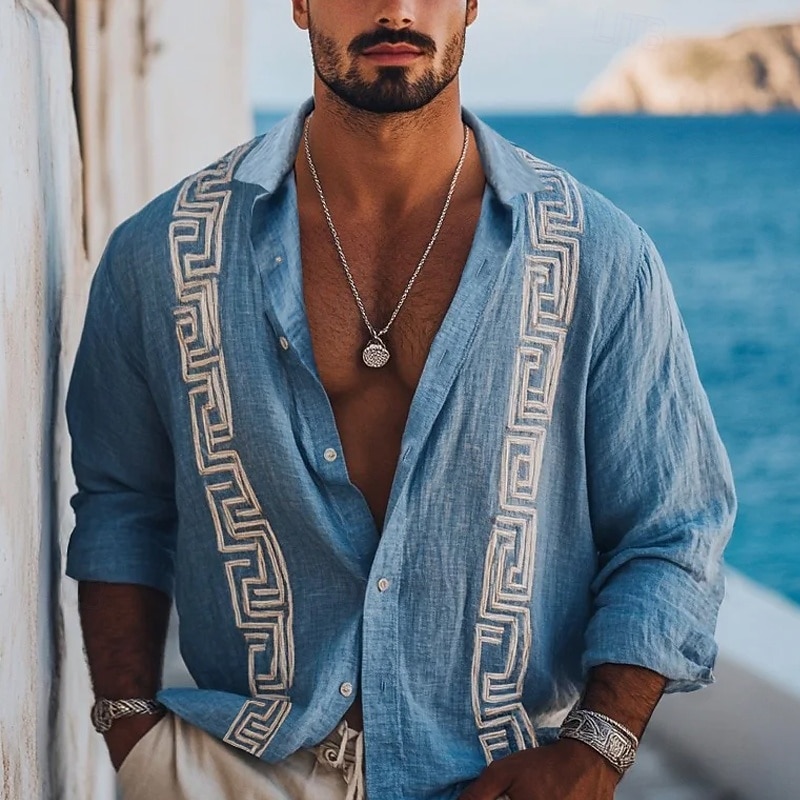 Men's Shirt Guayabera Shirt Summer Shirt Beach Wear Button Up Shirt Solid Color Vacation Holiday Pink Blue Green Long Sleeve Shirt Collar Summer Spring Clothing Apparel