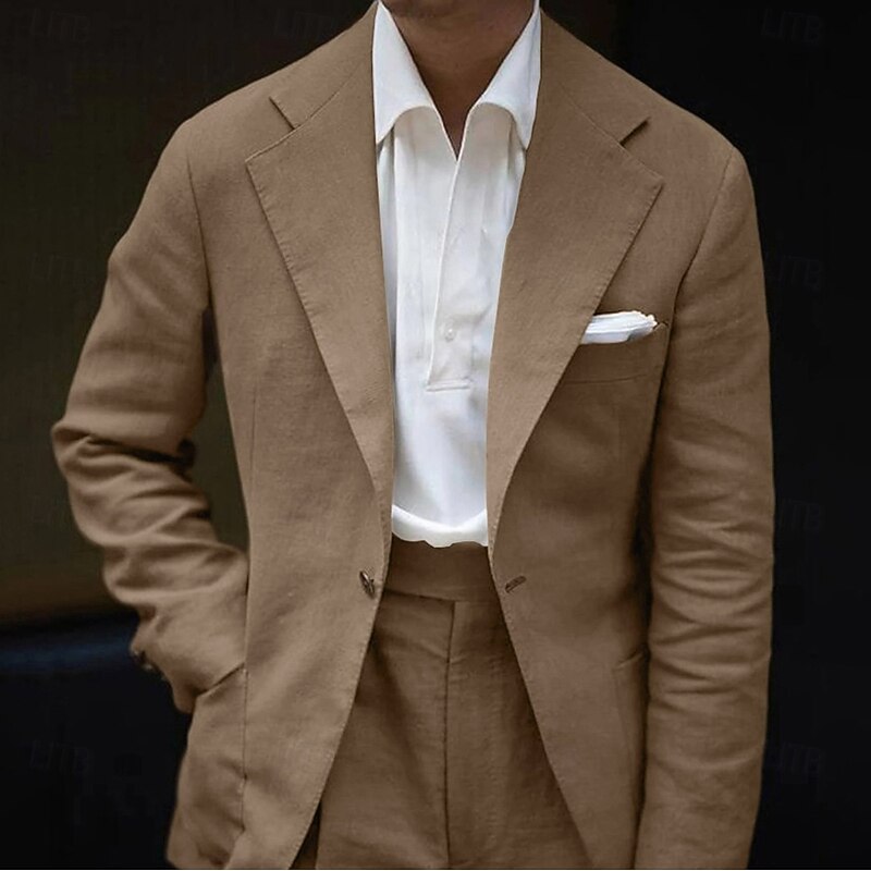 Men's Wedding Casual Linen Suits Notch Lapel Coffee Fashion Party Solid Colored Standard Fit 2 Piece Single Breasted One-button2
