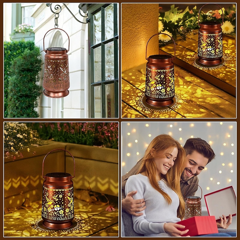 1 Pc Outdoor Solar Lanterns Waterproof Metal Hollow Projection Light Hanging Lantern Courtyard Garden Lawn Path Villa Decorative Light Landscape Light3
