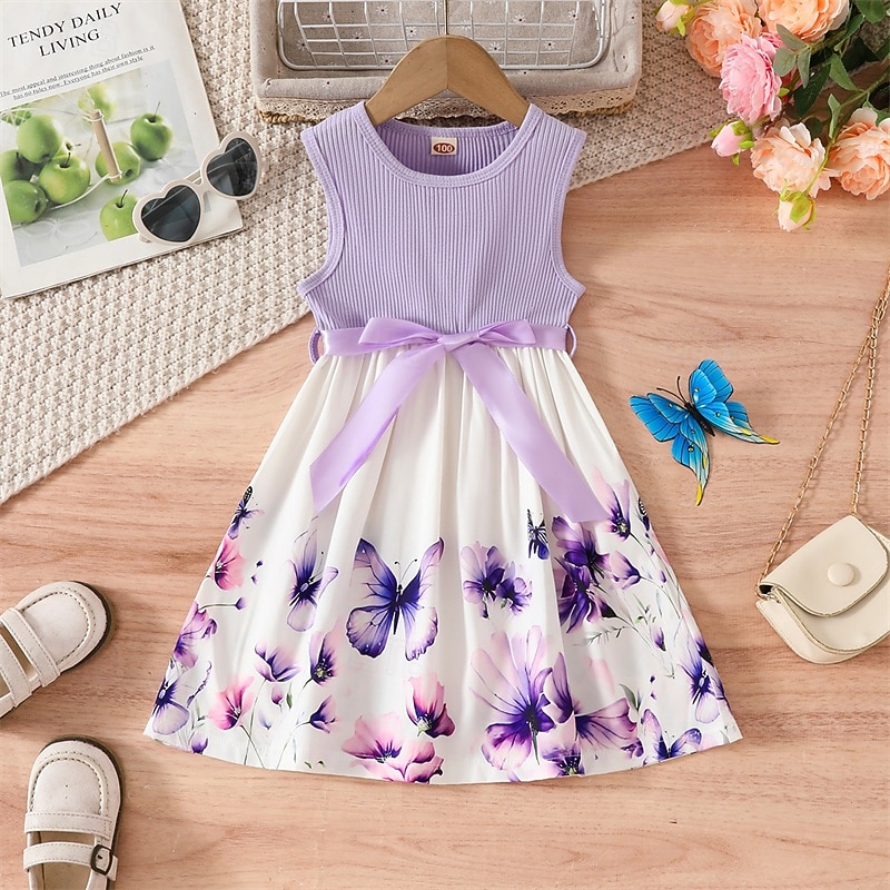 Kids Girls' Dress Floral Dress Butterfly Flower Sleeveless Outdoor Casual Tie Knot Fashion Adorable Polyester Knee-length Casual Dress A Line Dress Summer Spring 4 years+ Pink Wine Purple