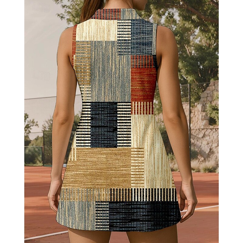 Women's Plaid / Check Tennis Dress Sports Dress Sleeveless Print Breathable Tennis Golf Badminton Polo Collar Zip Collar Dress Khaki Tennis Clothing2
