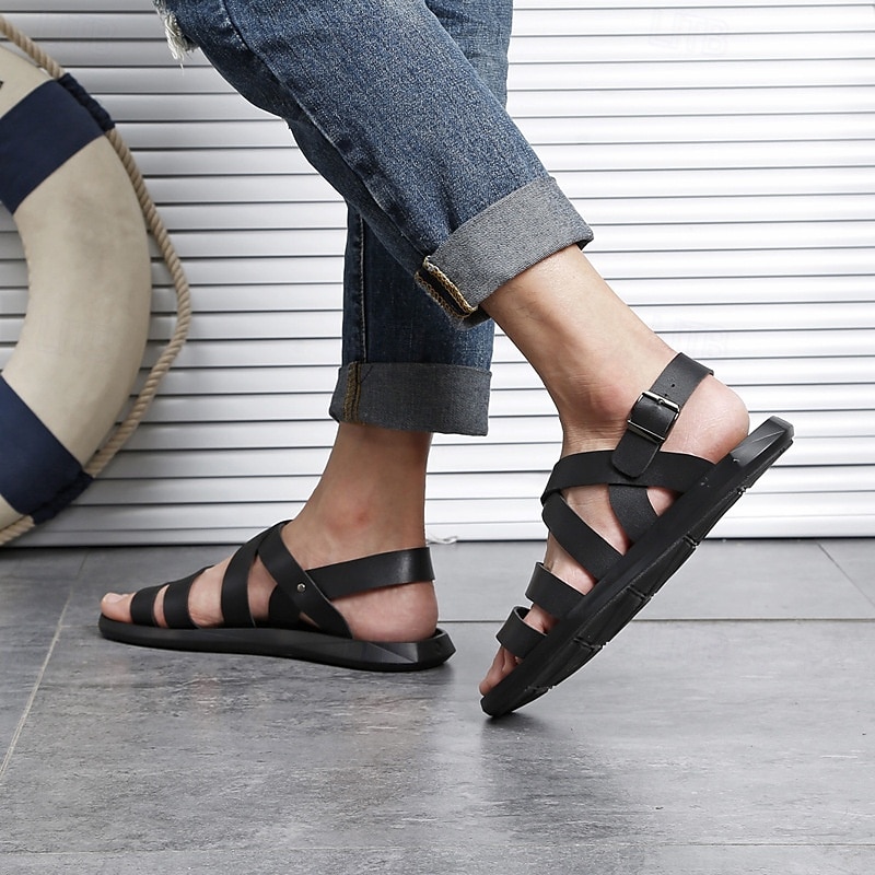 Men's Black Minimalist Faux Leather Sandals - Stylish Cross Strap Design with Buckle Closure for Summer Casual Wear4