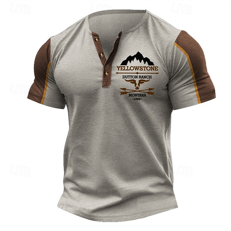 Men's T Shirt Henley Shirt Tee Short Sleeve Shirt Short Sleeve Henley Summer Car Letter Print Fashion Designer Basic Patchwork Vacation Street Going out Black Navy Blue Khaki Top Tee for Men2