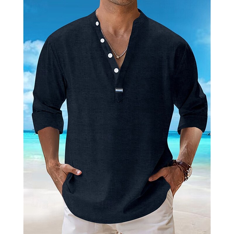 Men's Shirt Popover Shirt Summer Shirt Casual Shirt Beach Shirt Black White Pink Navy Blue Sky Blue Long Sleeve Plain Lapel Vacation Hawaiian Clothing Apparel Cotton Blend Fashion Casual Comfortable3