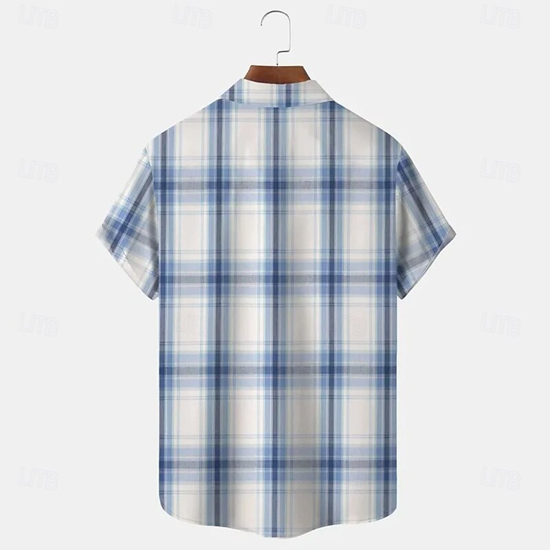 Men's Geometric Plaid / Check Shirt Summer Shirt Button Up Shirt Short Sleeve Fashion Casual Outdoor Vacation Dailywear Summer Spring Turndown 3D Print Collared Shirts Front One Pocket Blue2