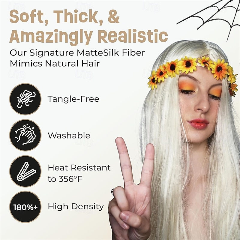 Flower Headband Costume  Hippy Wigs for Women 70s Costume  Removable Flower Headband Wig Long Blonde Wig Hippie Costume Women Halloween Wigs2