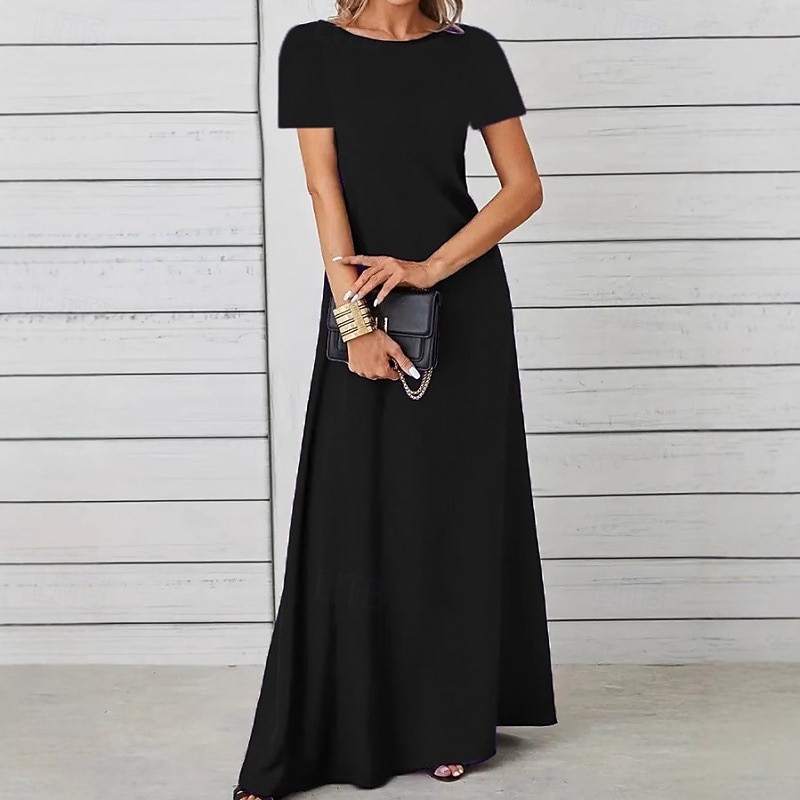Women's Long Dress Maxi Dress Casual Dress Swing Dress Fashion Outdoor Party Holiday Regular Fit Plain Short Sleeve Crew Neck Black Red Blue Summer2