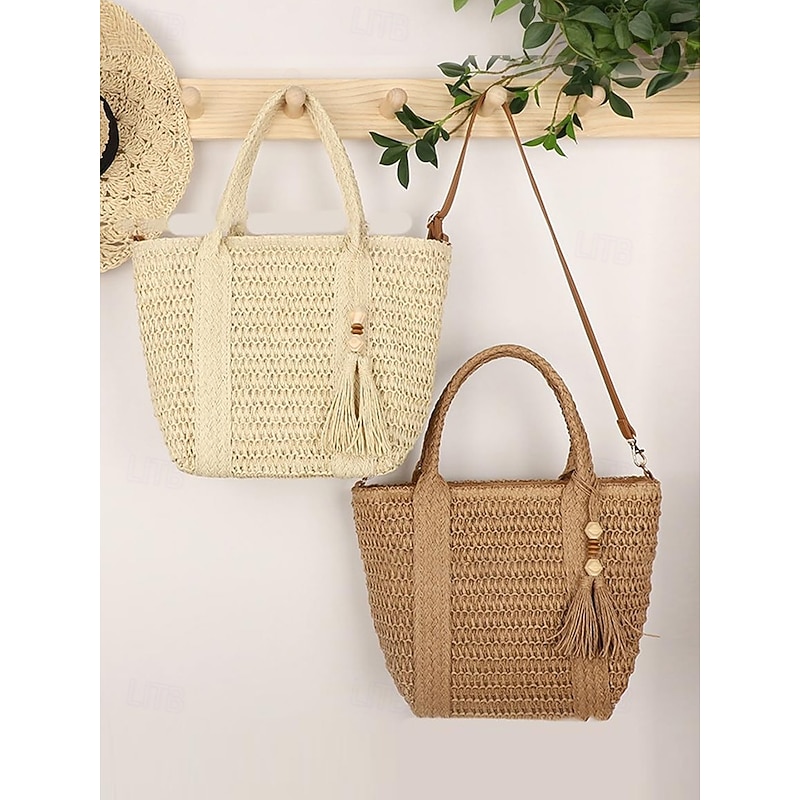 Women's Bohemian Woven Tote Bag with Tassels and Wooden Beads - Comes with an adjustable shoulder strap, can be worn on one shoulder or crossbody, suitable for casual beach, vacation and outdoor use4