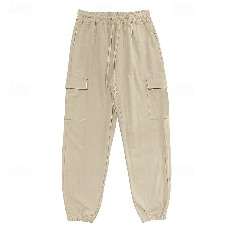 Men's Cargo Pants Linen Pants Trousers Summer Pants Casual Pants Drawstring Elastic Waist Multi Pocket Plain Comfort Breathable Full Length Casual Daily Holiday Vacation Fashion Black White2
