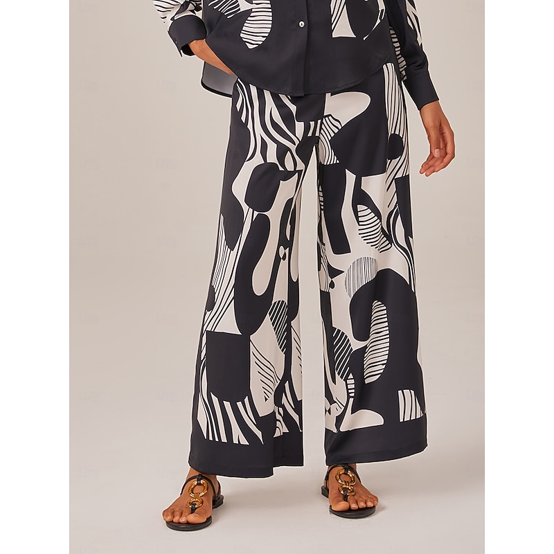 Black And White Geometric Satin Wide-leg Pants