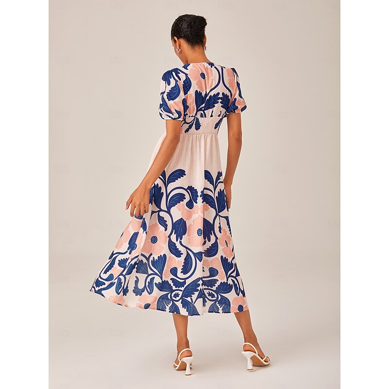 Floral High Waist Short Sleeve V Neck Maxi Dress2