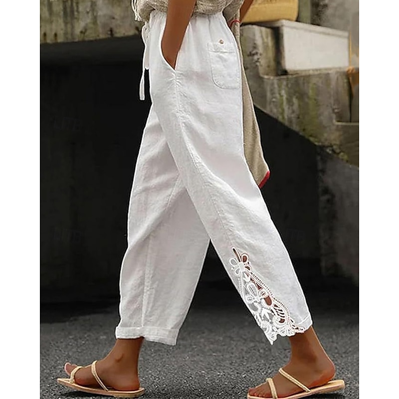 Women's Poly-Cotton Linen Texture Pants Cropped Pants Fashion Streetwear Comfort Ankle-Length Mid Waist Plain Lace Comfy Comfortable Street Daily Wear Going out Black White Blue Green Summer Regular