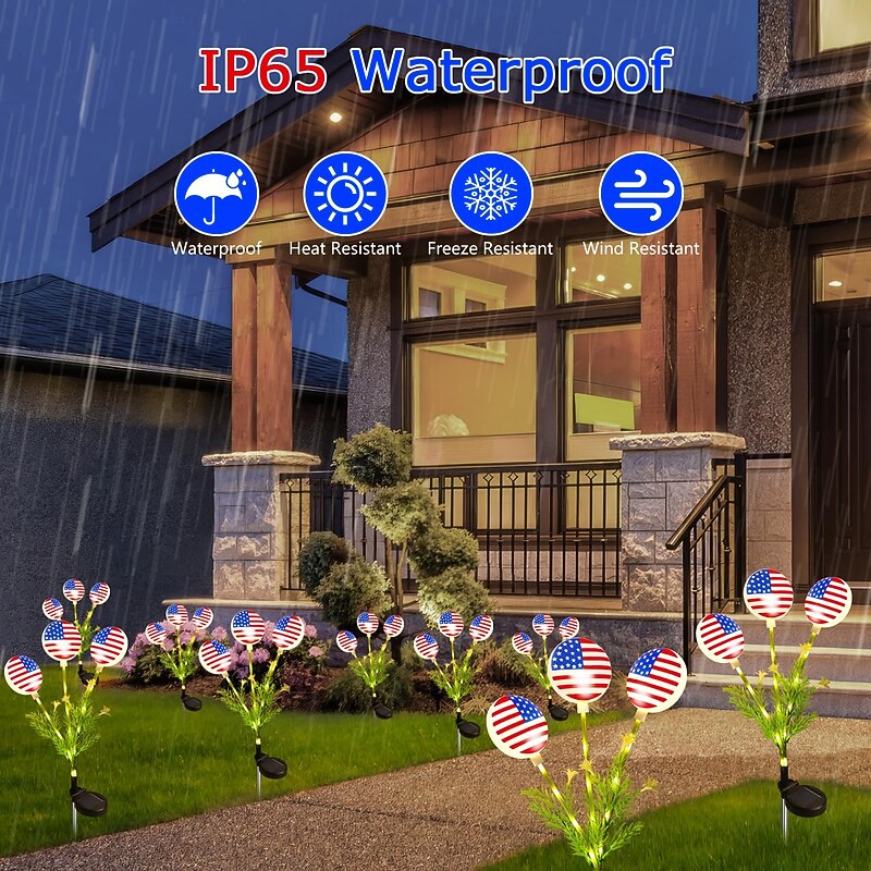 1 Pc Outdoor Waterproof Solar Powered US Flag Ground Insertion Light July 4th US Independence Day Memorial Day Garden Courtyard Lawn Path Tomb Decoration Light Garden Light 27 Bead Pole Shines2