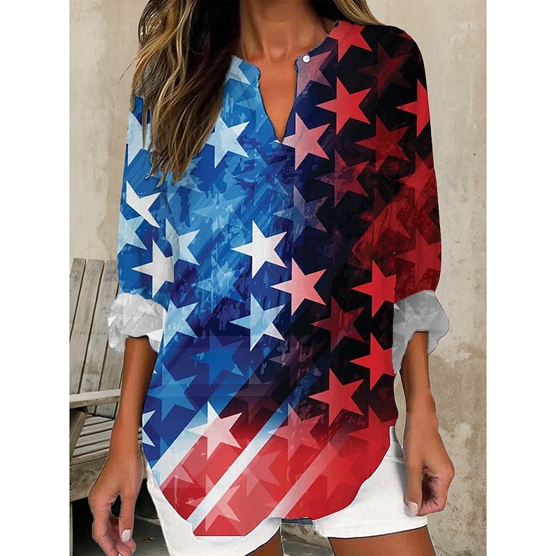 Women's Blouse Tunic V Neck Long Sleeve Boho Casual Patriotic Graphic Flag Vintage Tropical Regular Tops Daily Wear Print Black Red Blue2