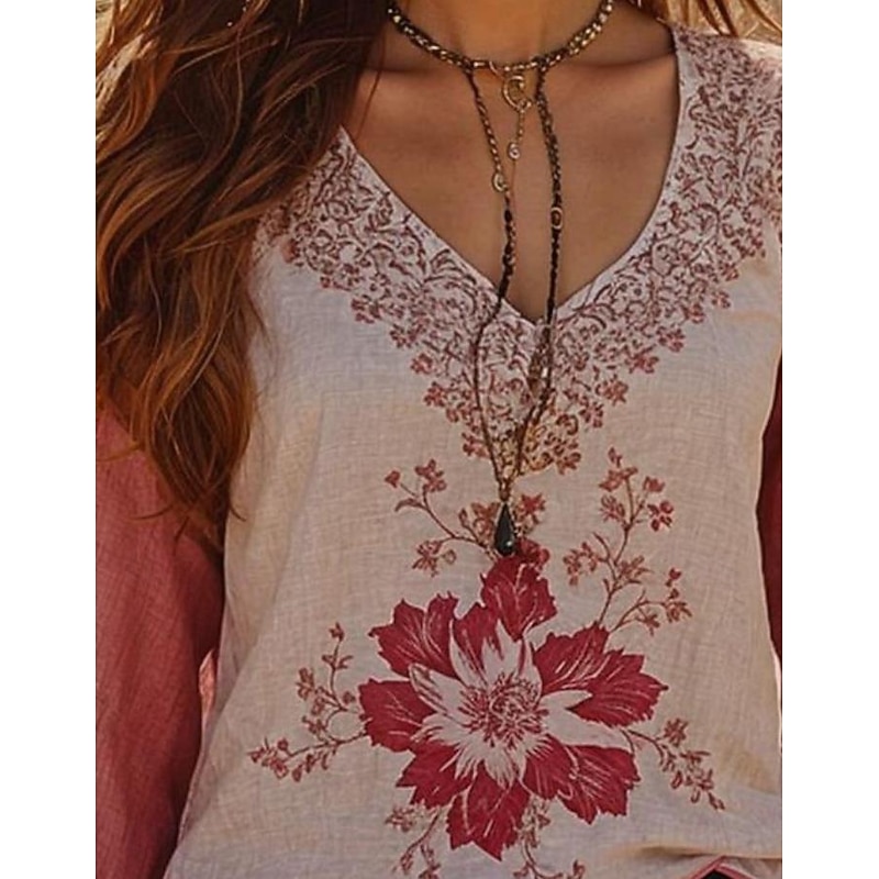 Women's Blouse Floral Graphic Bohemia Vintage Daily 3/4 Length Sleeve Crew Neck Boat Neck Regular Tops Daily Holiday Vacation Wear Print Pink Summer Spring2