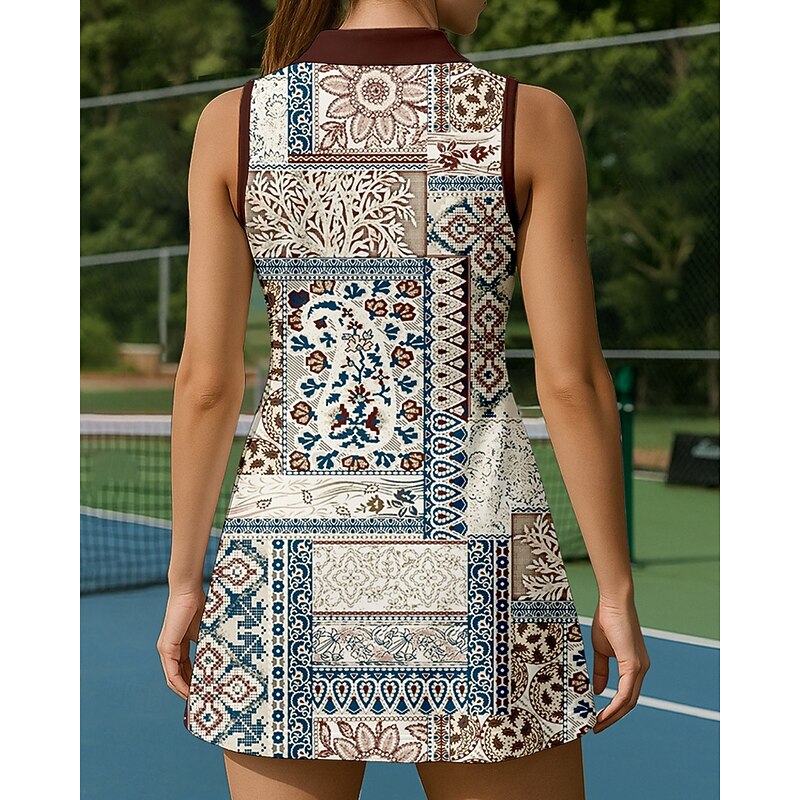 Women's Floral Tennis Dress Sports Dress Sleeveless Print Breathable Tennis Golf Badminton Polo Collar Zip Collar Dress Coffee Tennis Clothing2