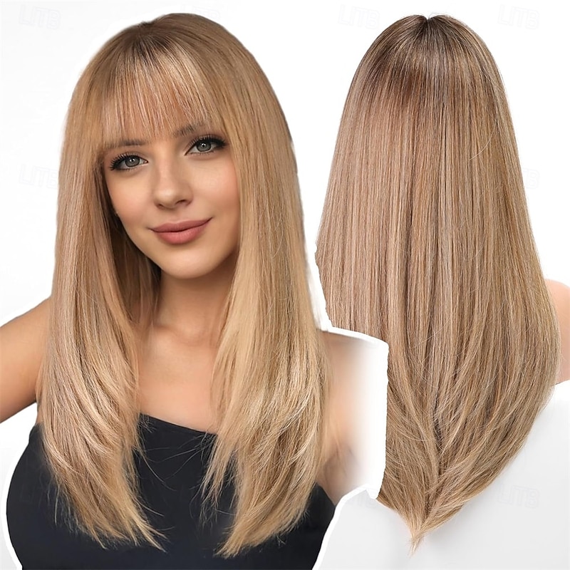 Long Straight Wigs for Women with Fringe Layered Synthetic Ash Blonde with Dark Roots Color Wigs for Women