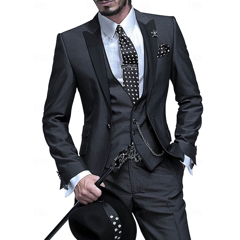 Men's Wedding Suits Peak Black Luxury Solid Colored Tailored Fit 3 Piece Single Breasted One-button2